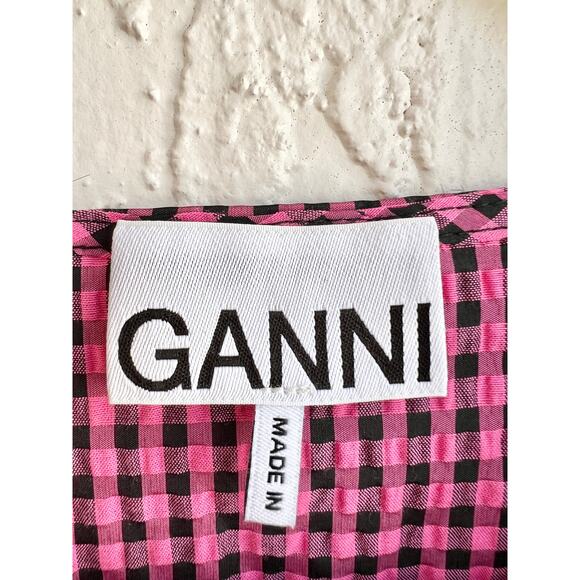 $400 Ganni Shirred Gingham Seersucker V-Neck Midi Dress Pink/Black Sz 36 / US 10 - Picture 5 of 10